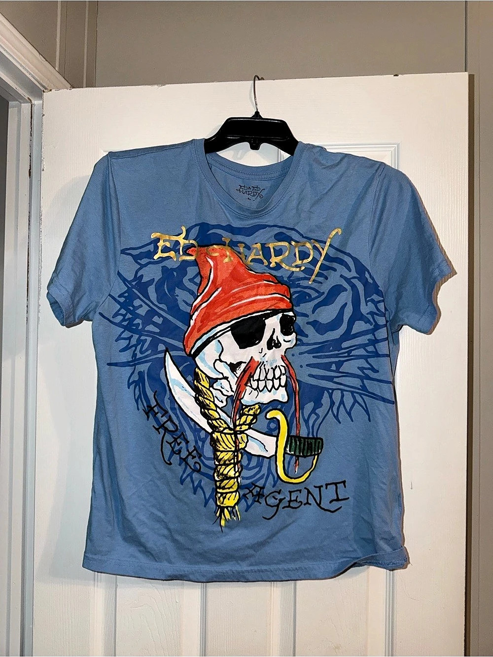 VTG Ed Hardy Blue Pirate Skull Tiger Graphic Tee L Gold Foil